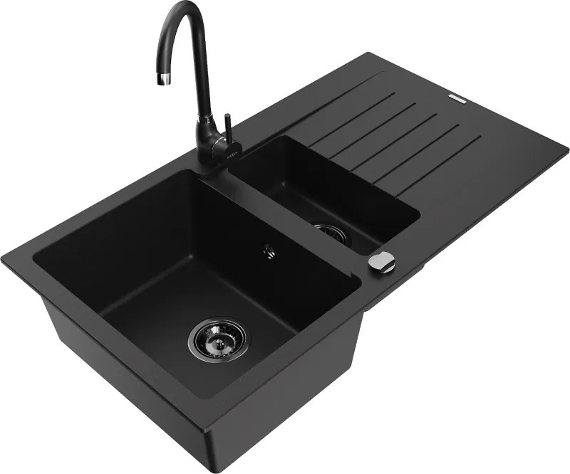 Mexen Matias granieten spoelbak 1,5-komor met afdruipplaat en keukenkraan Telma, zwart - 6502-77-670200-70-B