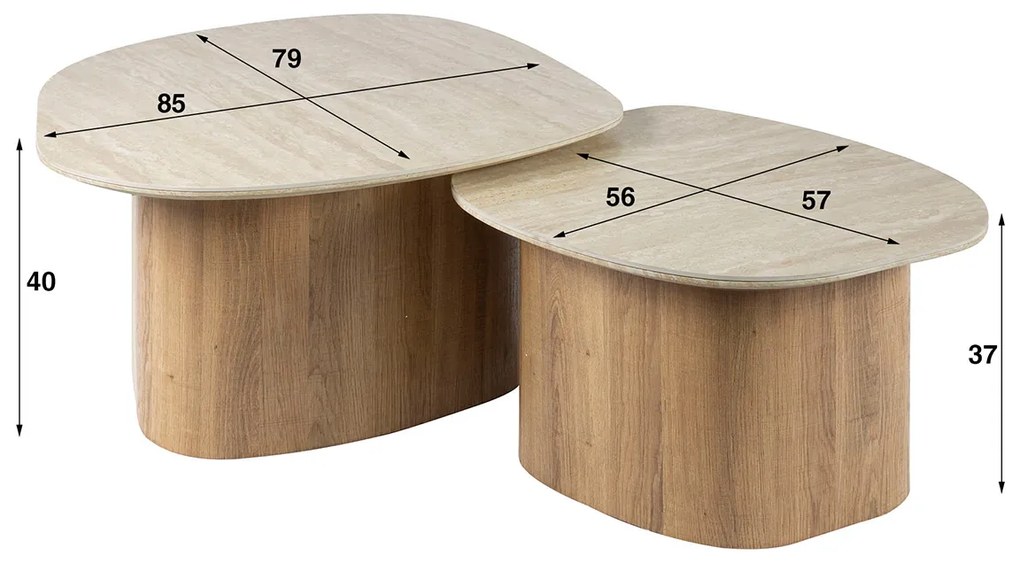 Salontafelset Travertin En Hout - 85 X 79cm.