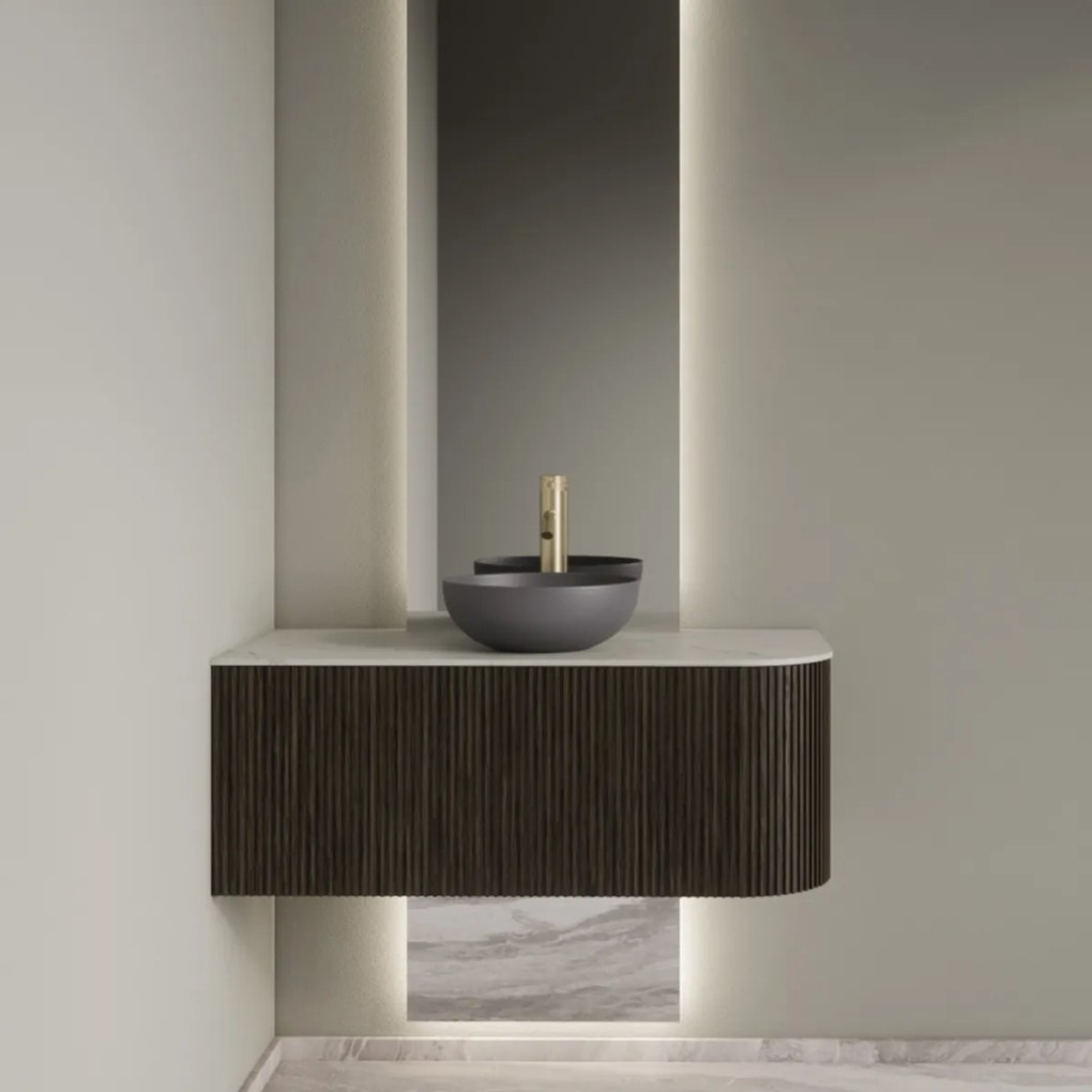 Gliss Design Alluro badmeubel ribbelfront met ronding rechts 100cm charcoal en wit marmer toppaneel