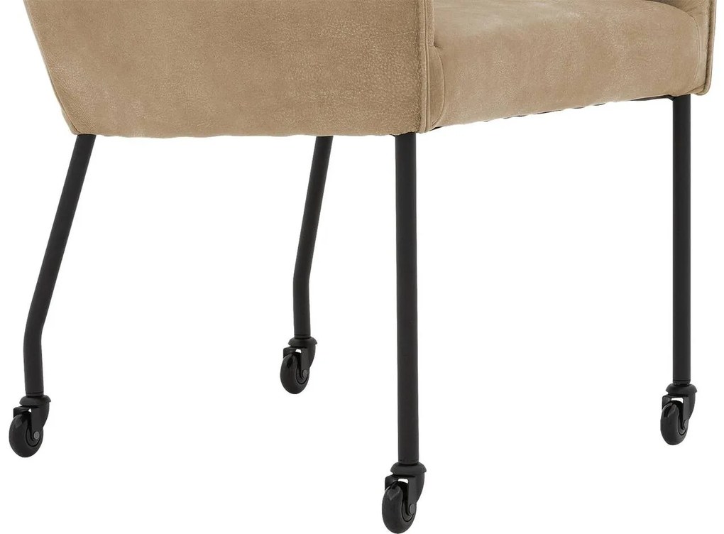 Goossens Excellent Eetkamerstoel Leogang bruin leer met armleuning en Zwart skater wiel met zwarte kapmet wielen, elegant chic