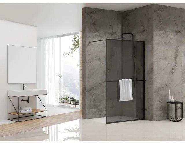 Van Rijn Products ST04 Vaste wand - 89.5x200cm - rookglas incl. stabilisatiestang - incl. handdoekhouder - zwart mat ST0490KPHGR