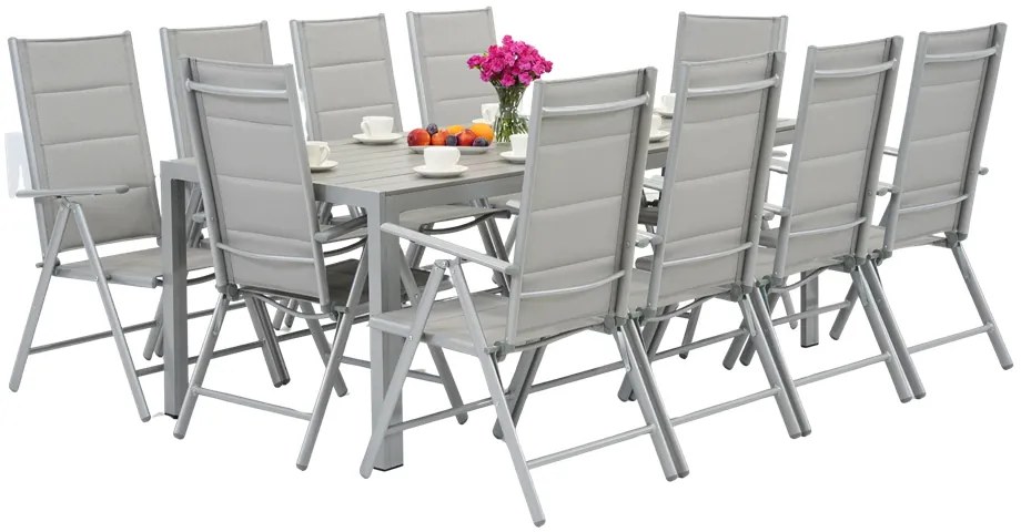 Garden Point lichtgrijze aluminium tuinmeubelen met grote Polywood Verona tafel voor 10 personen