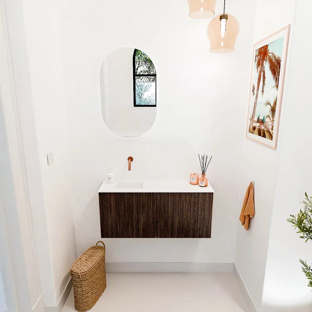 Mondiaz Joya 90cm toiletmeubel walnut met wastafel faye links zonder kraangat talc