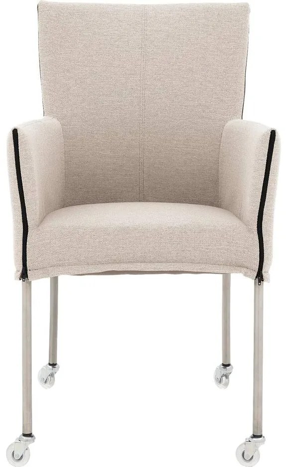Goossens Eetkamerstoel Funk RVS Poten beige stof met armleuning en met wielenTransparant skater wiel met rvs kap, modern design
