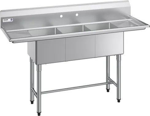 VEVOR 3-koms spoelbak met 2 afvoeren en spatbescherming, keuken spoelbak (1678 x 558 x 1097 mm), keuken spoelbak voor restaurants, foodtrucks en privégebruik, roestvrijstalen spoelbak