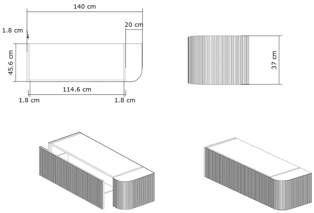 Gliss Design Alluro badmeubel ribbelfront met ronding links 140cm mist en wit marmer toppaneel