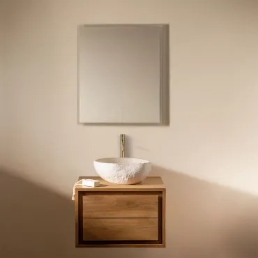 Jabari Zwevend Badkamermeubelset Van Teakhout Teakhout & Onregelmatige In Wit Cement ↔︎40 Cm Fedro & Rechthoekige Led En Anticondens - Sklum