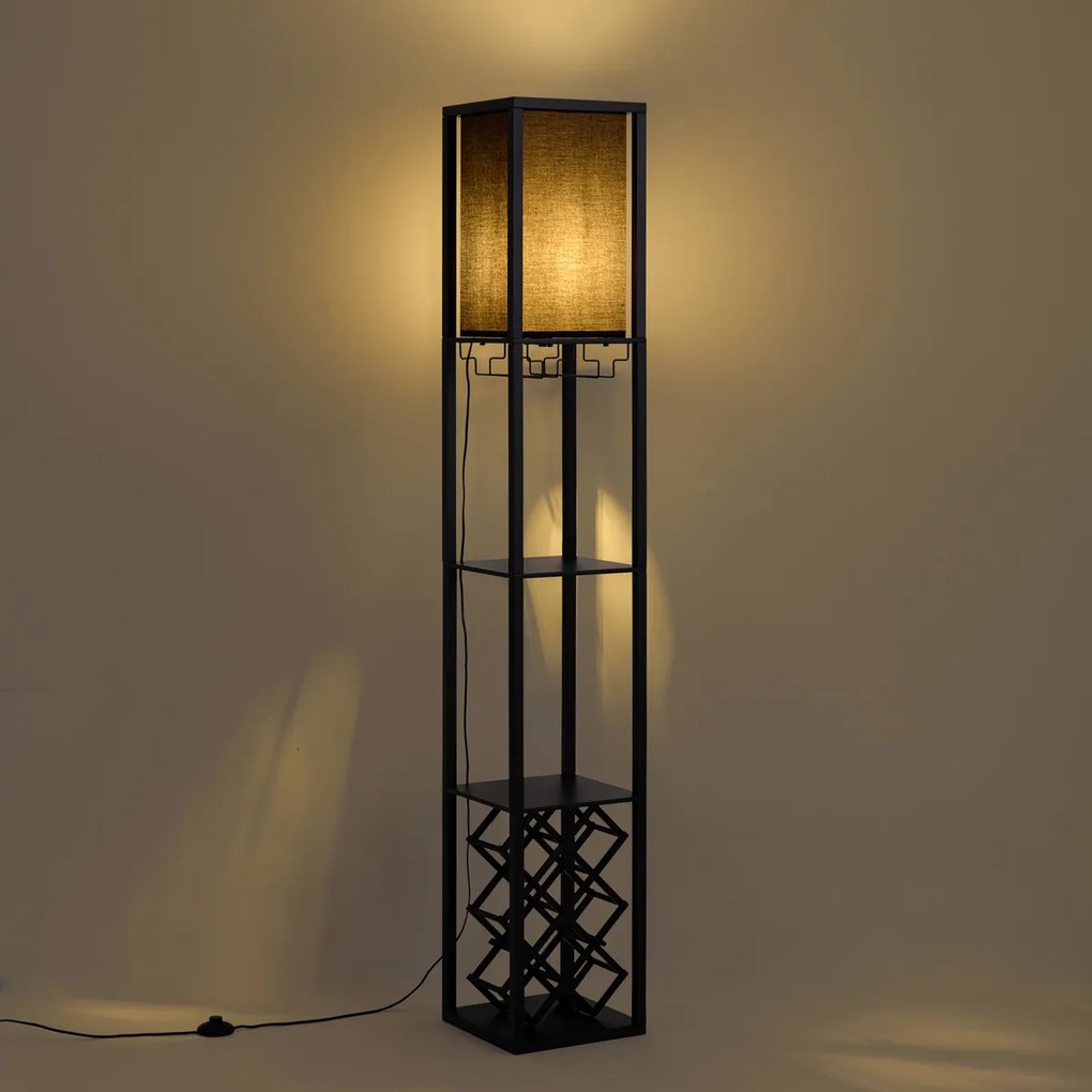 Moderne vloerlamp zwart met stoffen kap en wijnrek - Stojan Wine