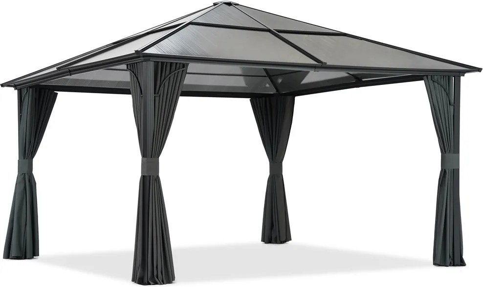 Modern tuinhuisje Santiago 4x4m met Garden Point antraciet gordijnen