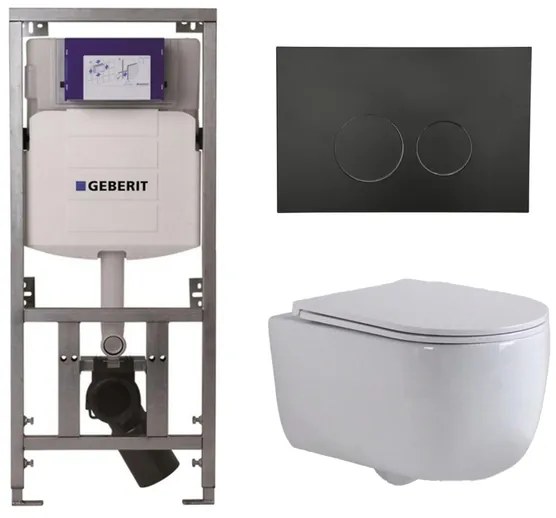 QeramiQ Dely Swirl Toiletset - 36.3x51.7cm - Geberit UP320 inbouwreservoir - met Burda frame - slim zitting - mat zwarte metalen bedieningsplaat - ronde knoppen - wit glans 0701131/SW706192/SW1000766/SW1026256