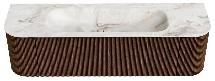 Mondiaz Kurve-dlux 160cm badmeubel ronding links/rechts walnut met 1 lade en 2 deuren en wastafel big medium midden zonder kraangat frappe