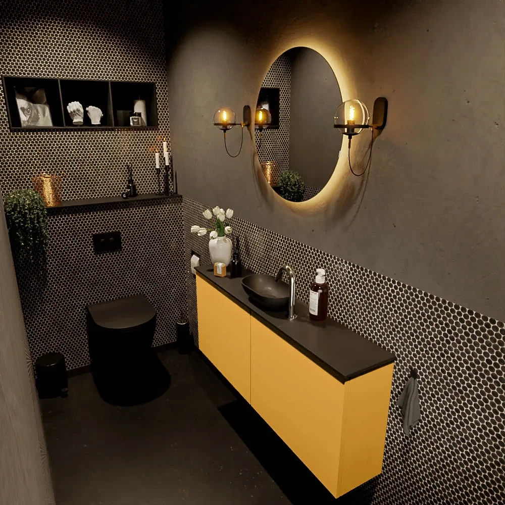 Mondiaz Fowy toiletmeubel 120cm ocher met zwarte waskom midden en kraangat