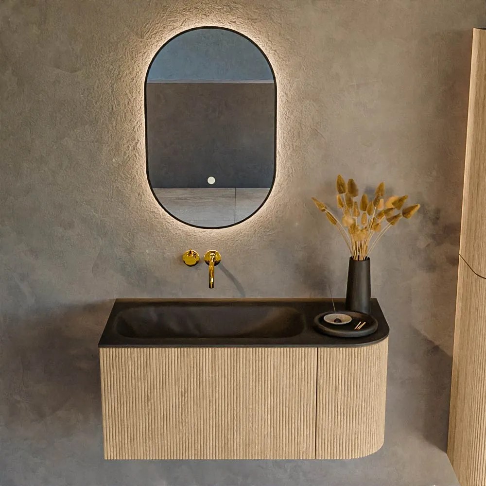 Mondiaz Kurve 95cm badmeubel ronding rechts oak met 1 lade en deur en wastafel big small links zonder kraangat urban