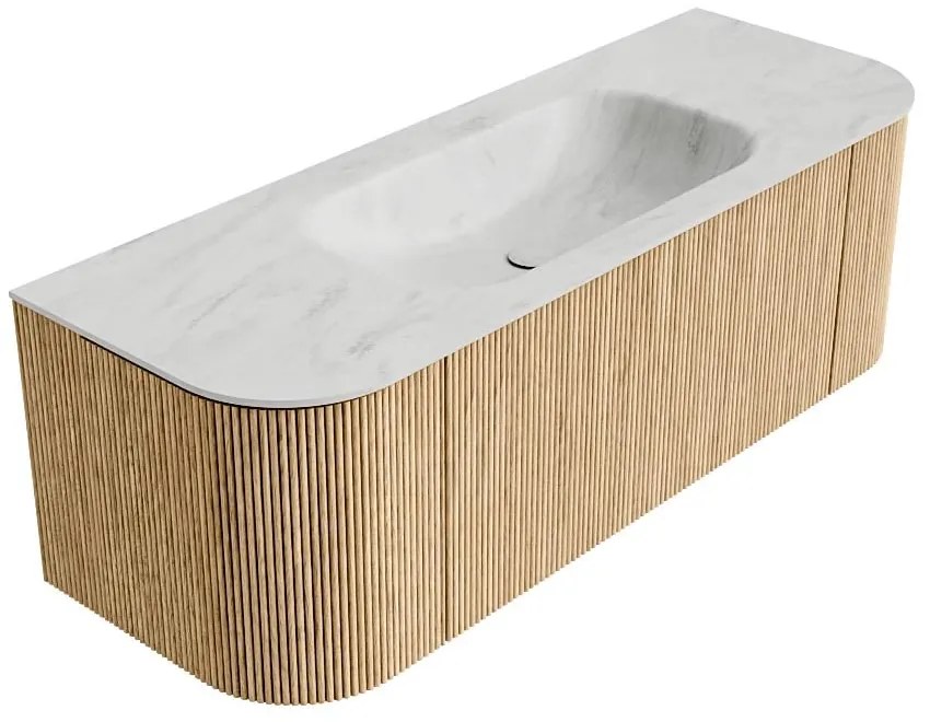 Mondiaz Kurve-dlux 130cm badmeubel ronding links/rechts oak met 1 lade en 2 deuren en wastafel big small midden 1 kraangat opalo