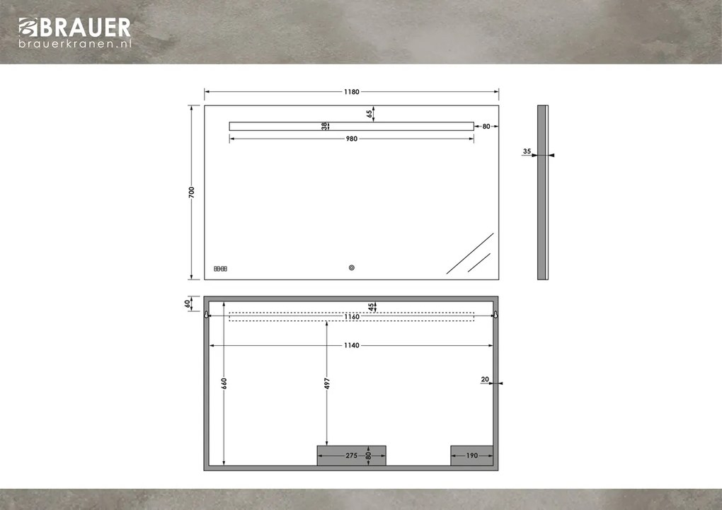 Brauer Quartz rechthoekige spiegel met verlichting 120x70cm