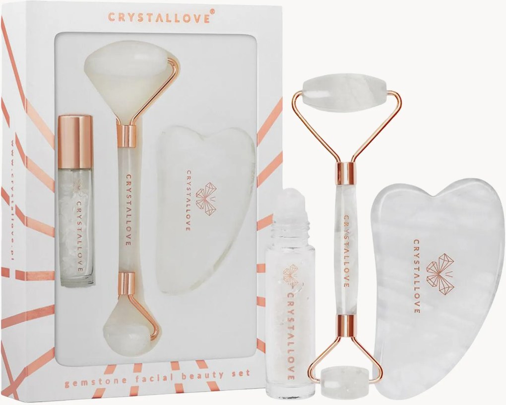 Gezichtroller en Gua Sha set Crystallove van bergkristal, 3-delig