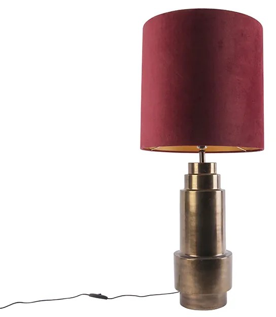 Art deco tafellamp brons velours kap rood met goud 40 cm - Bruut