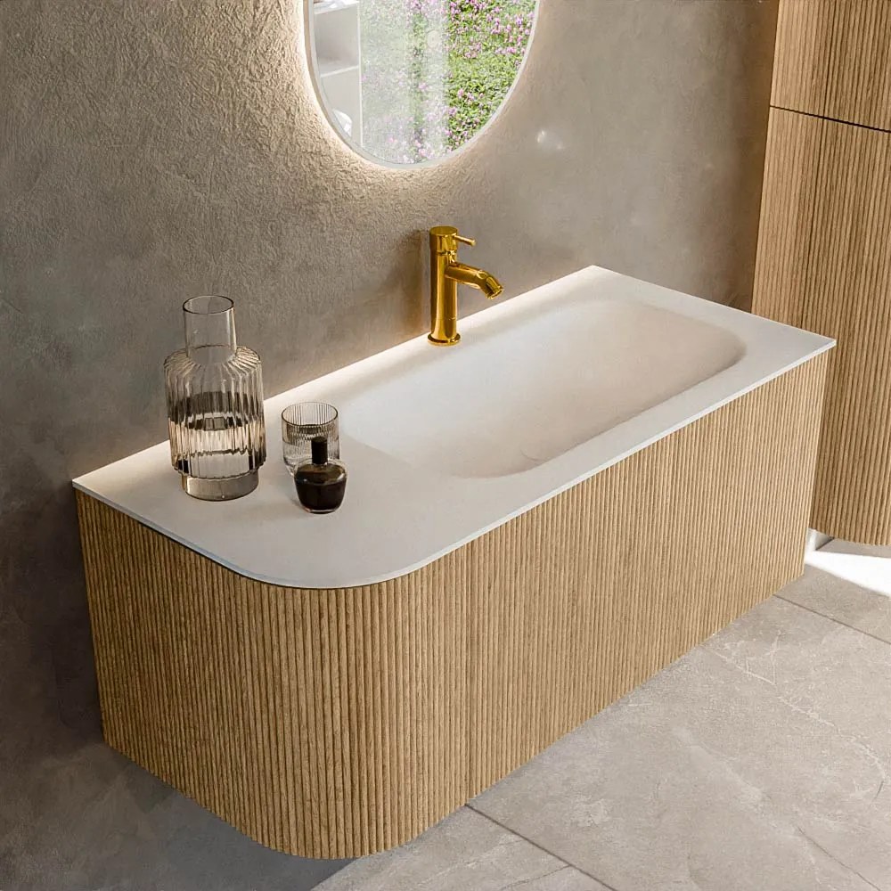 Mondiaz Kurve 105cm badmeubel ronding links oak met 1 lade en deur en wastafel big small kraangat rechts