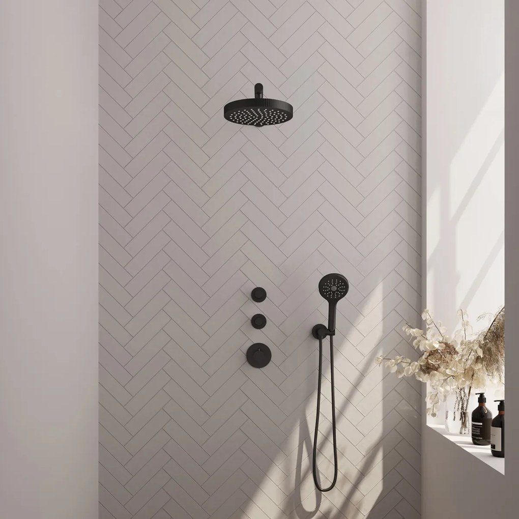 Brauer Stripe inbouw regendouche met 25cm hoofddouche, rechte muurarm en 3 standen handdouche set 4 zwart mat
