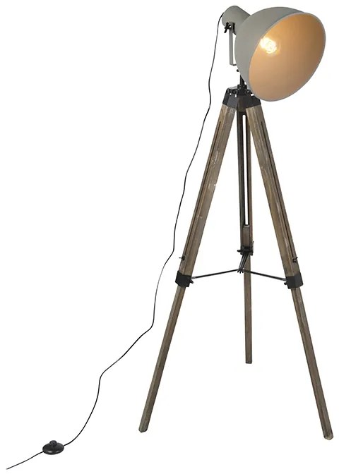 Industriële vloerlamp op houten tripod met grijze kap - Laos