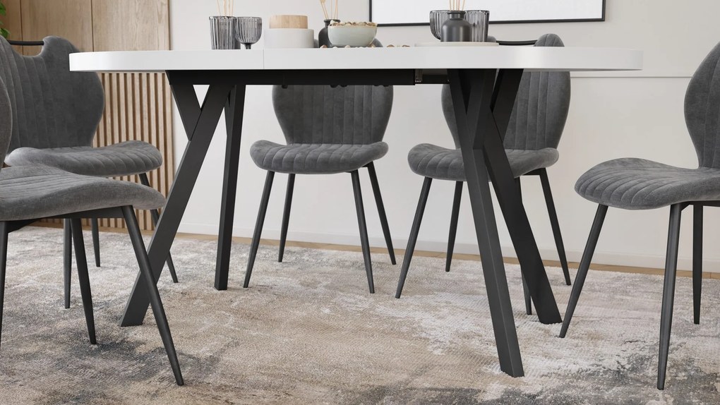 Mazzoni EXPANSO Wit mat / zwarte poten - OVALE UITSCHUIFTAFEL 160-360 cm VOOR 16-18 PERSONEN