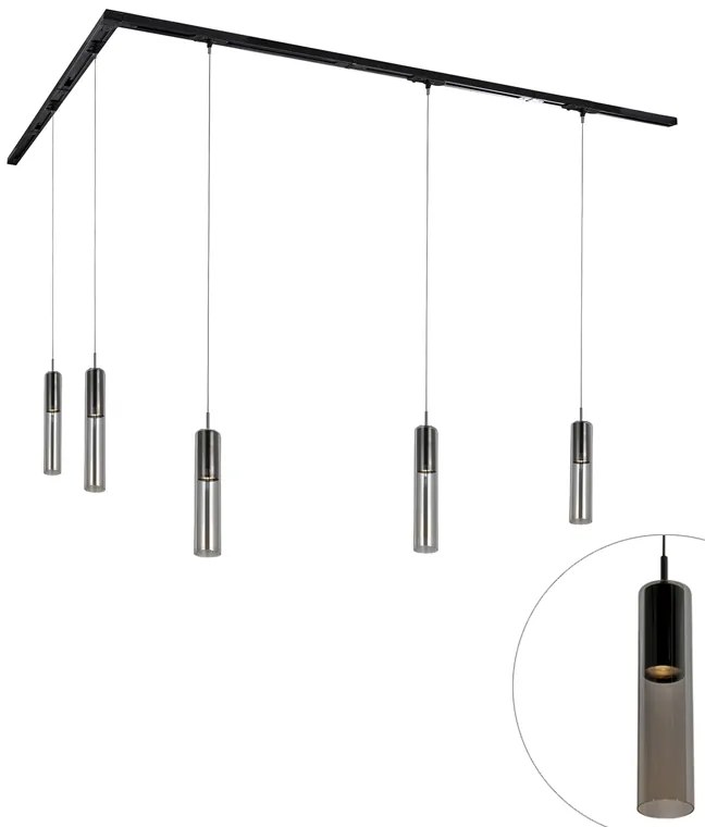 Modern railsysteem met 5 hanglampen zwart 1-fase - Iconic Lloyd