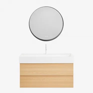 Badkamermeubelset Van Hout En Essenhoutfineer Met Geïntegreerde Wastafel Ona Natuurlijk Hout & Round Led And Antifog Zwart Ø80 Cm Kimacs - Sklum