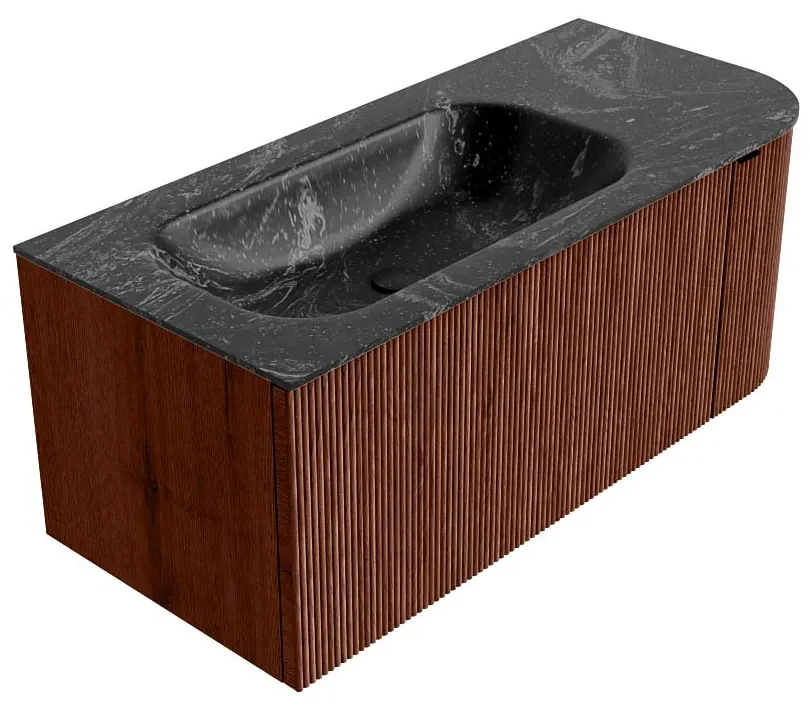 Mondiaz Kurve-dlux 105cm badmeubel ronding rechts ruby met 1 lade en deur en wastafel big small kraangat links lava