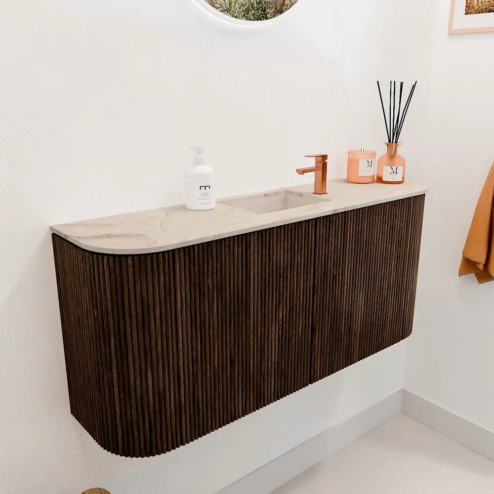 Mondiaz Joya DLux 95cm toiletmeubel ronding links/rechts walnut met wastafel faye midden 1 kraangat frappe