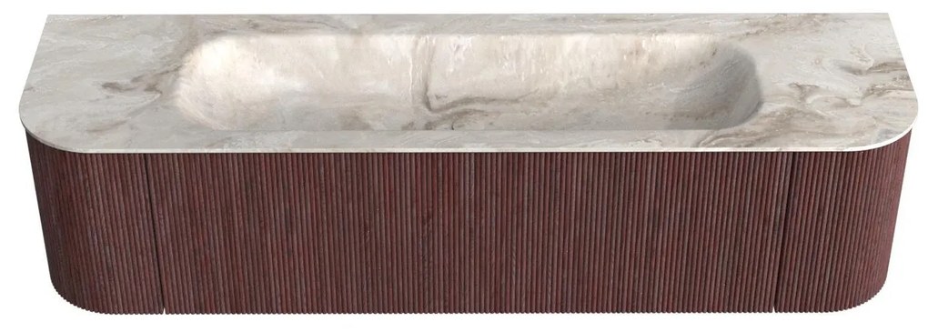 Mondiaz Kurve-dlux 170cm badmeubel ronding links/rechts ruby met 1 lade en 2 deuren en wastafel big large midden zonder kraangat frappe