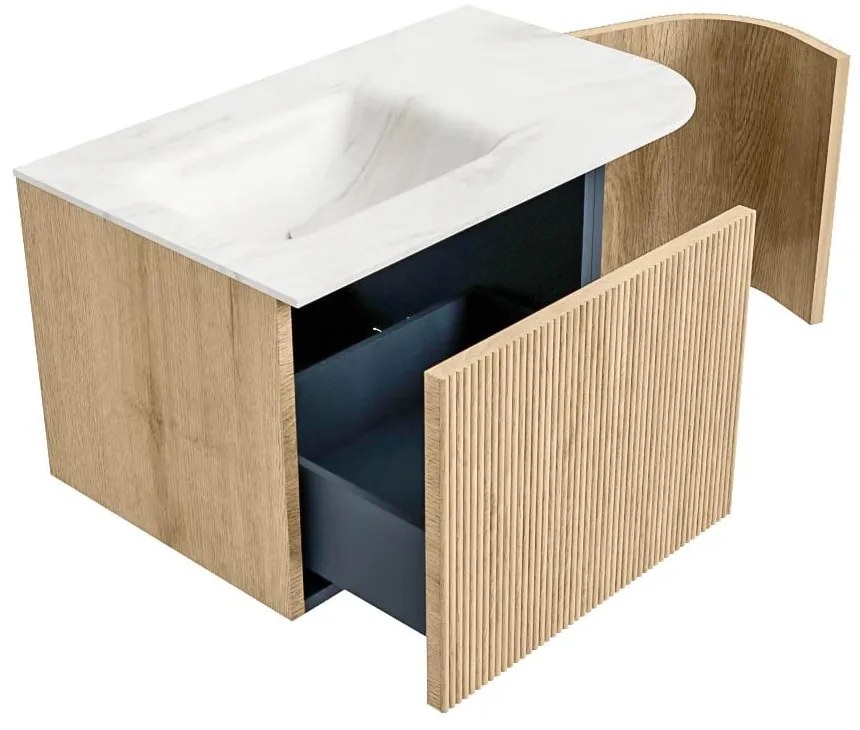 Mondiaz Kurve-dlux 75cm badmeubel ronding rechts oak met 1 lade en deur en wastafel grunne kraangat links ostra