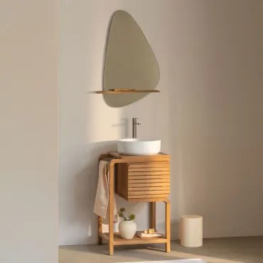 Bradley Teakhouten Badkamermeubelset Rond Keramiek Wit Ø40 Cm Lenka & Onregelmatig Met Houten Plank 55x85 Cm Kai & Geborsteld Grijs - Sklum