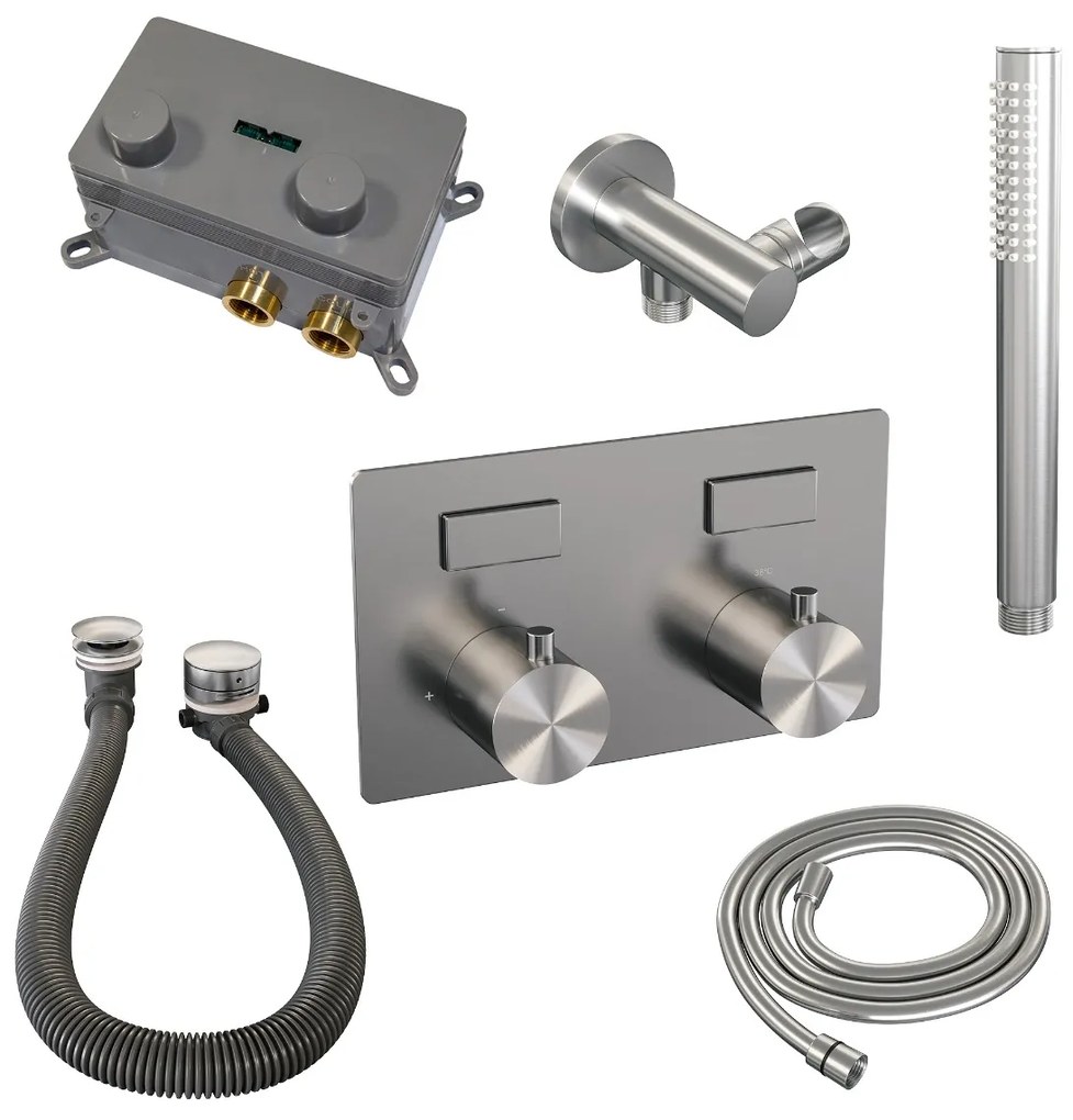 Brauer Brushed Edition thermostatische inbouw badkraan met badvulcombinatie en staafhanddouche set 3 RVS geborsteld PVD