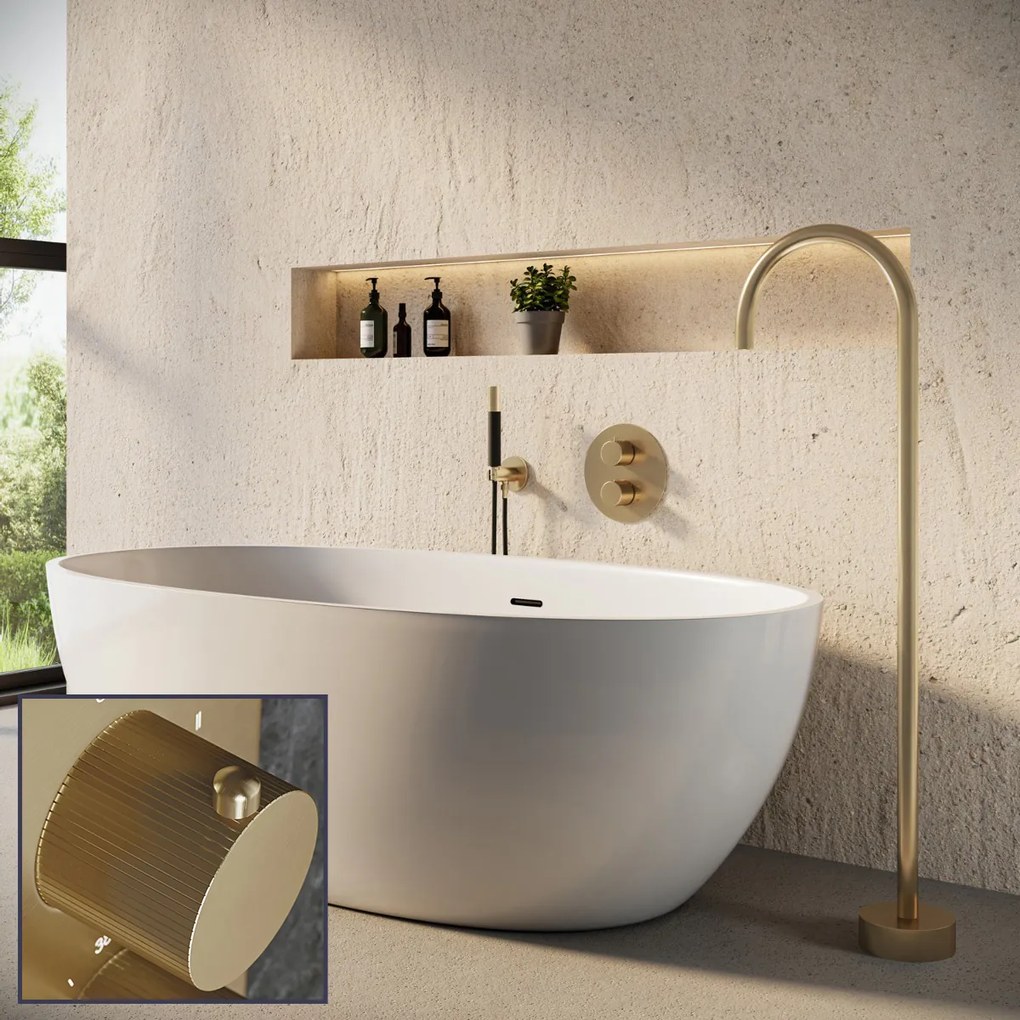 Saniclear Brass Stripes Pro inbouw badkraan rond met vrijstaande uitloop geborsteld messing - mat goud