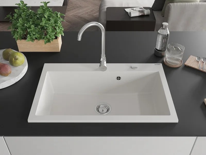 Mexen Elix granieten gootsteen 1-komor 800 x 500 mm, wit, sifon chroom - 6527801005-20