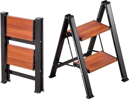 VEVOR 2-treden opvouwbare ladder met antislip treden in houtlook, huishoudladder met een draagvermogen van 150 kg, aluminium veiligheidsladder, trapladder voor klussen en schoonmaakwerkzaamheden.