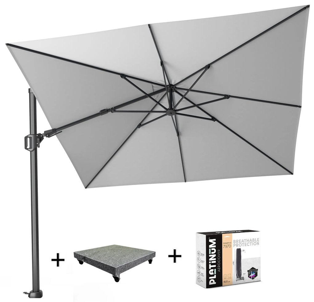 Challenger T2 zweefparasol 300x300 cm lichtgrijs met parasolvoet 120kg en hoes