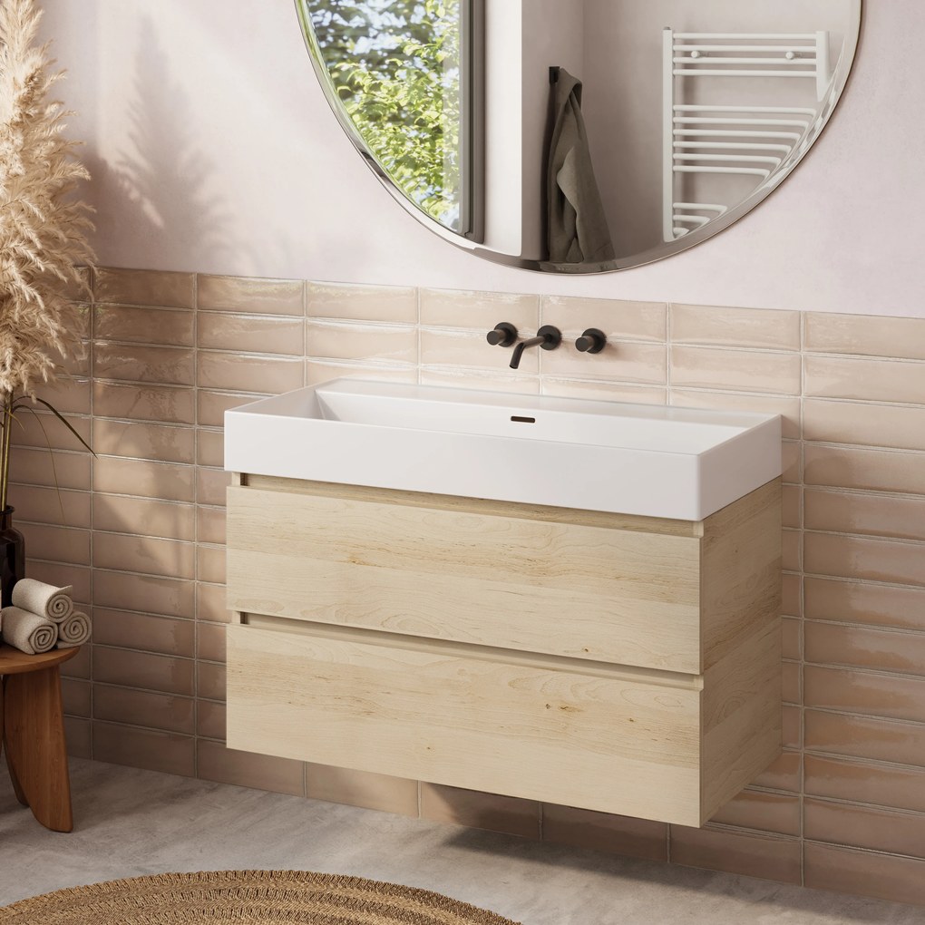 Plieger Kansas badmeubel 100cm met glans witte wastafel zonder kraangat beach eiken