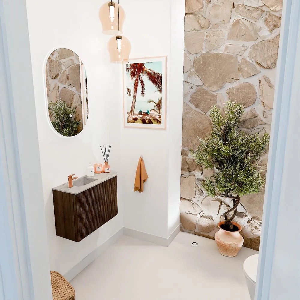 Mondiaz Joya DLux 60cm toiletmeubel ronding rechts walnut met wastafel faye links 1 kraangat glace