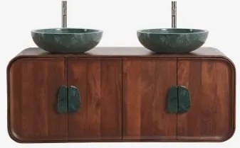 Dubbel Zwevend Badkamermeubelset 130x45 Cm Van Mangohout En Natuurlijke Kivalina-steen Groen Marmer Uit Udaipur - Donker Mangohout & 2 X Onde Groene -