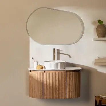 Carsone Hangend Badkamermeubelset Van Hout Natuurlijk Hout & Zonder Extra Eenheid & Redondo Cerámica Blanco Rayas Ø36 Cm Sinqua & Ovaal - Sklum