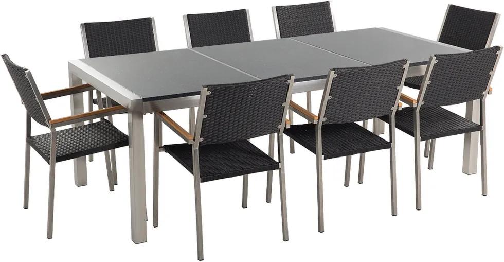 Tuinset gepolijst graniet/RVS grijs driedelig tafelblad 220 x 100 cm met 8 stoelen zwart rotan GROSSETO