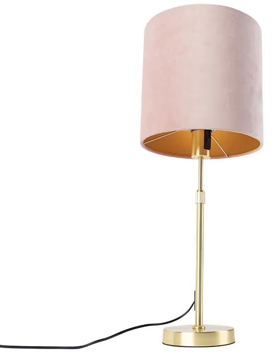 Stoffen Tafellamp goud/messing met velours kap roze 25 cm - Parte Klassiek / Antiek E27 cilinder / rond rond Binnenverlichting Lamp