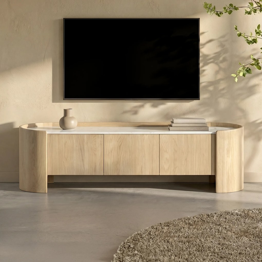 Tv-meubel Eiken Met Wit Marmer 160 Cm - 165x45x50cm.