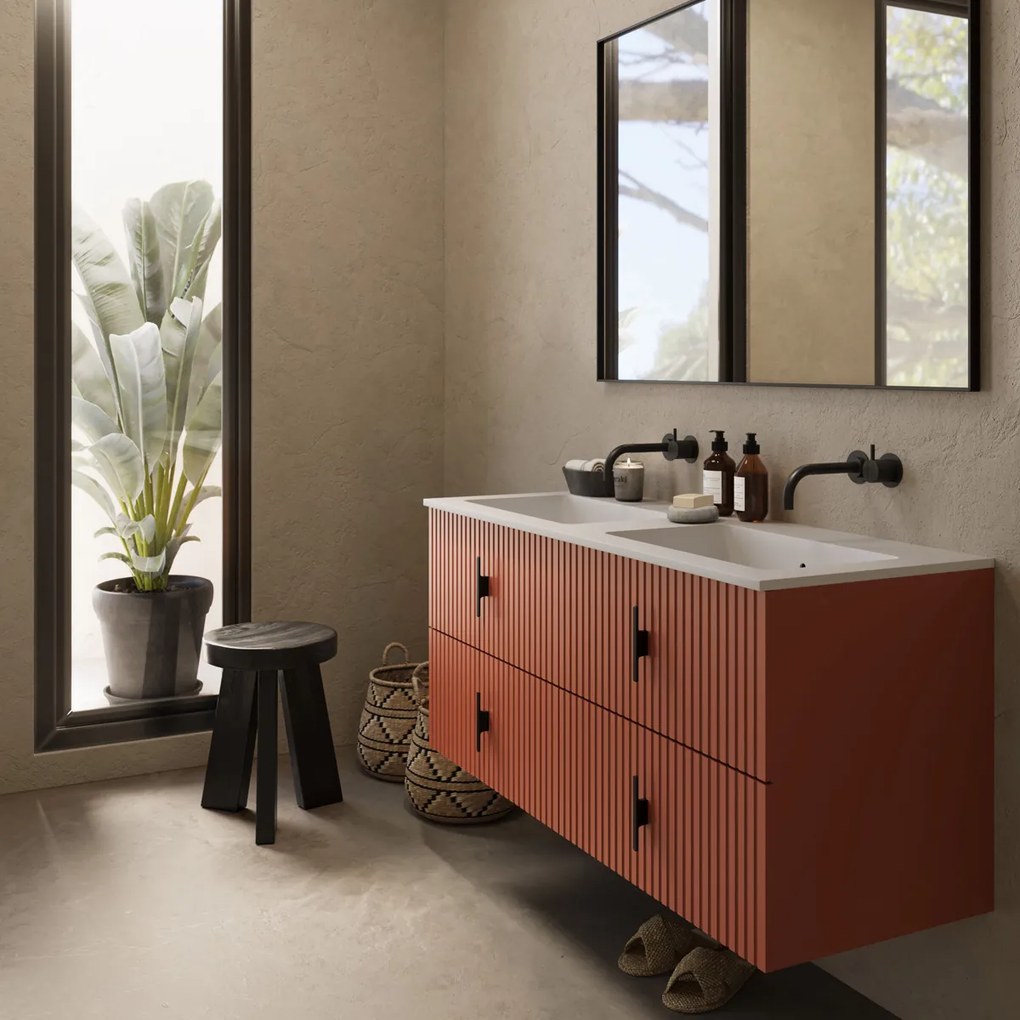 Muebles Avila badmeubel ribbelfront 120cm terracotta met dubbele wastafel zonder kraangaten