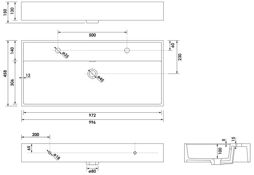 Brauer Gravity enkele wastafel mineraalmarmer 100cm met 2 kraangaten wit glans