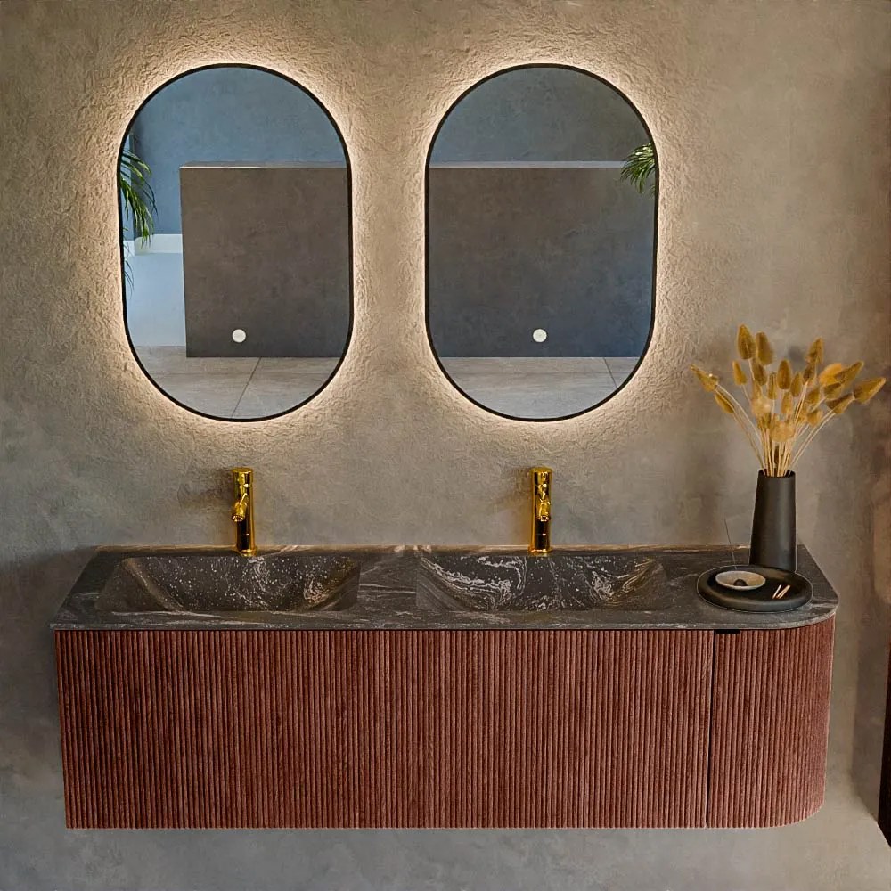 Mondiaz Kurve-dlux 145cm badmeubel ronding rechts ruby met 1 lade en deur en wastafel leaf dubbel/links 2 kraangaten lava