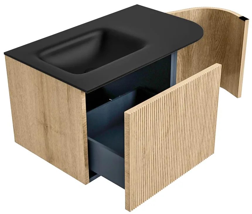 Mondiaz Kurve 75cm badmeubel ronding rechts oak met 1 lade en deur en wastafel grunne links zonder kraangat urban