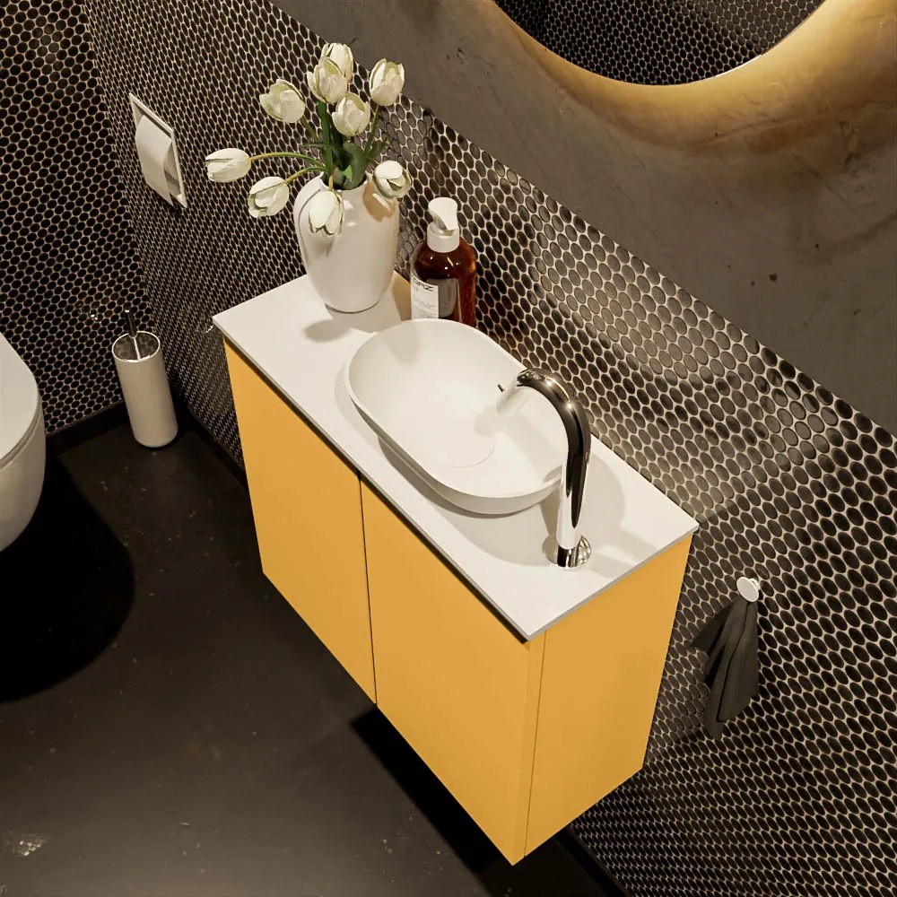 Mondiaz Fowy toiletmeubel 60cm ocher met witte waskom rechts en kraangat