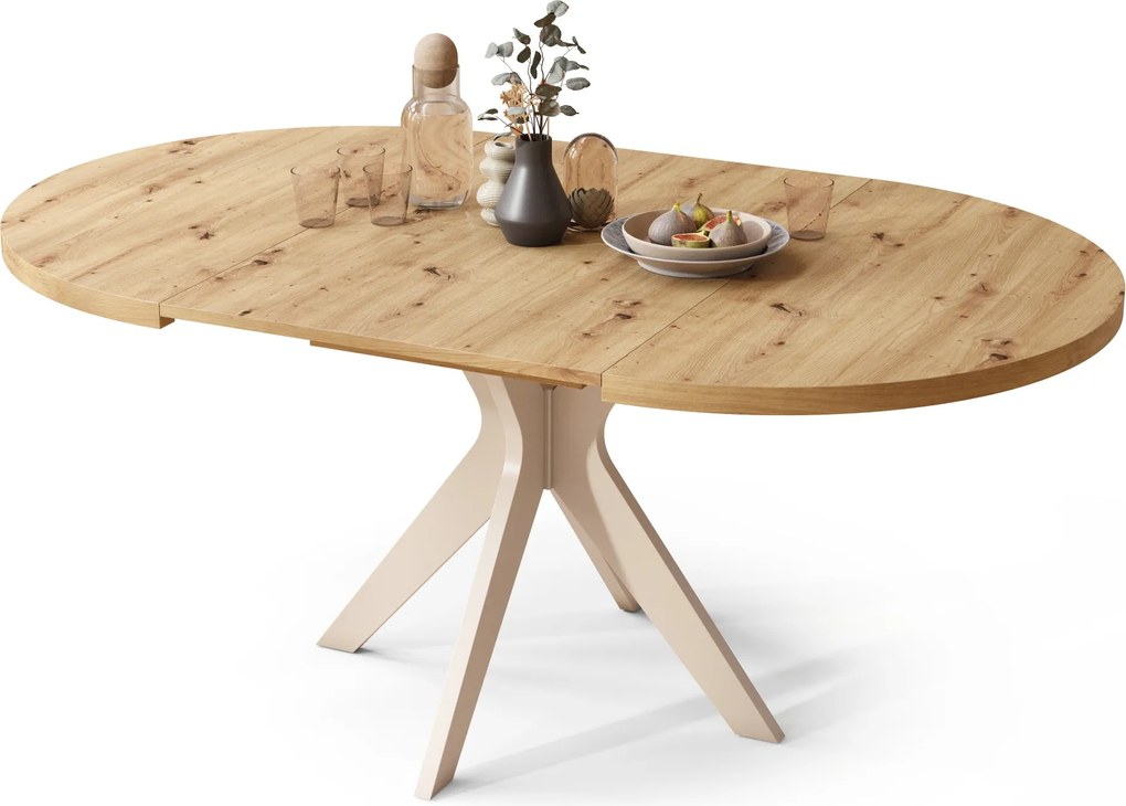 RENZO Artisan Eiken/beige poot (Champagne) - RONDE TAFEL Ø110 UITKLAPBAAR TOT 180 cm |VOOR DE KEUKEN EETKAMER WOONKAMER RETRO